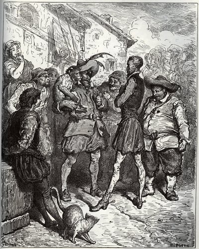 Maese Pedro és a jósló majom - Miguel Cervantes (1547-1616) "Don Quijote de la Mancha" című művéből (Don Quijote) - Fametszet Gustave Dore rajza alapján alkotó: Gustave Dore