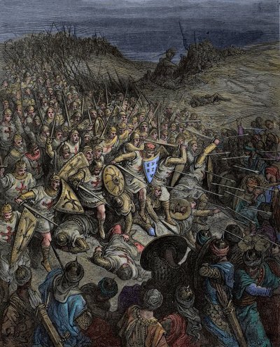 Középkor: Első keresztes hadjárat. Godefroy de Bouillon keresztes hadjárata legyőzte Kilij Arslan a Dorylee (Dorylaeum, Dorylaion) szultán muszlim erőit (a Rum Szultánság törökjeit) Kis-Ázsiában alkotó: Gustave Dore