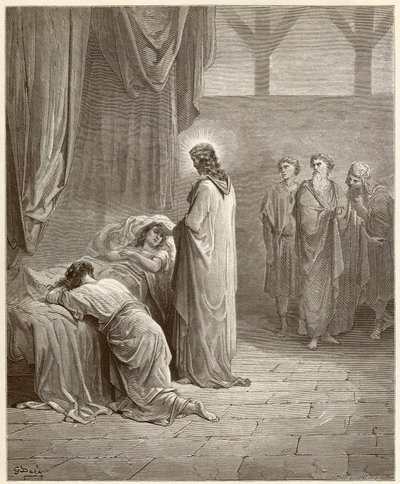 Csoda: Jézus Krisztus meggyógyította Jaire (Jairus vagy Jairos) lányát. Gustave Dore (1832-1883) által illusztrált metszet a Bibliából alkotó: Gustave Dore