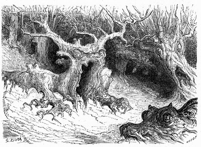 Szörnyeteg bükk az Ossau völgyében, antropomorf szörnyfák. Gustave Dore metszete, amely az "Voyage aux Pyrenees d