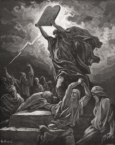Mózes összetöri a törvénytáblákat, 2Mózes 32:19, illusztráció Dore "A Szent Biblia" című művéből, Hotelin metszete, 1866. alkotó: Gustave Dore