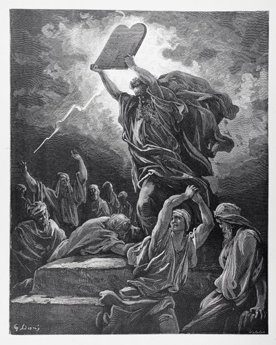 Mózes megtörte a törvény tábláit, Hotelin metszete, 1868 körül. alkotó: Gustave Dore