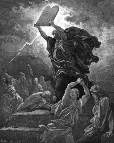 Mózes megtöri a törvénytáblákat, metszet. - Biblia alkotó: Gustave Dore