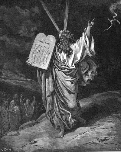 Mózes alászáll a Sínai-hegyről a törvény tábláival, Tízparancsolat, 1866 alkotó: Gustave Dore