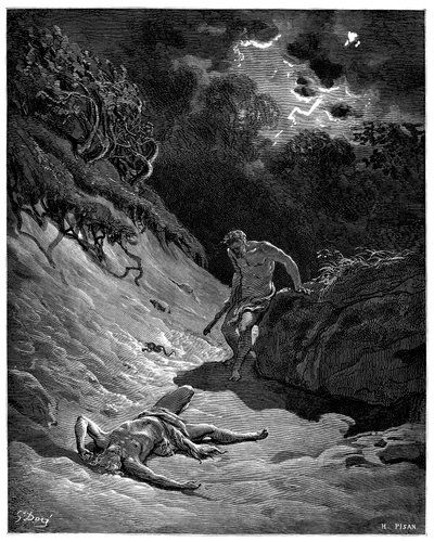 Ábel meggyilkolása Káinnal - Gustave Dore illusztrációja a Biblia számára - alkotó: Gustave Dore