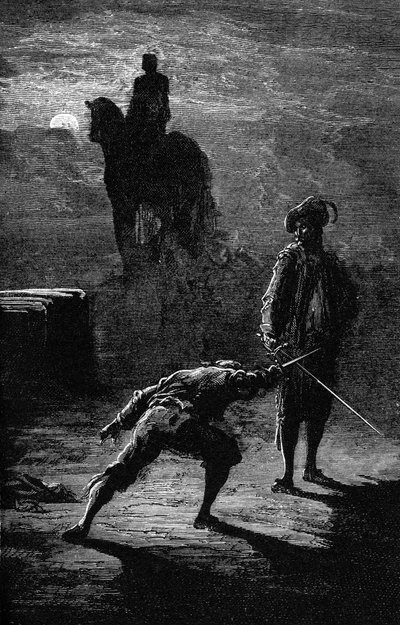 Éjszakai párbaj a holdfényben Sigognac báró és Jacquemin Lampourde között a Bronzkirály lovas szobra alatt. Gustave Dore metszete, amely Theophile Gautier "Fracasse kapitány" című regényét illusztrálja. Charpentier kiadás 1863. alkotó: Gustave Dore