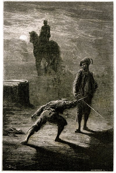 Éjszakai párbaj a holdfényben Sigognac báró és Jacquemin Lampourde között a bronzkirály lovas szobra alatt. Gustave Dore metszete Theophile Gautier "Le capitaine Fracasse" című regényének illusztrációjához, Charpentier kiadás 1863. alkotó: Gustave Dore