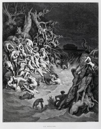 Noé és bárkája menekül, amikor a nagy özönvíz elborítja a földet, Illusztráció a Dore Bibliából. alkotó: Gustave Dore