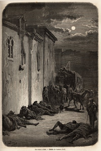Egy este egy váltóban Jaenben. Gustave Dore (1832-1883) rajza 1862-es spanyolországi utazásának illusztrálására Ch. Davillier. Gravírozás a „Le tour du monde”-ban, szerkesztette Edouard Charton alkotó: Gustave Dore