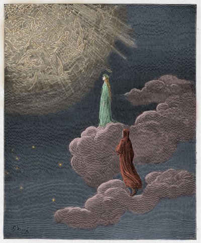Paradiso, 14. ének: Dante és Beatrice lefordítva a Mars szférájára, illusztráció Dante Alighieri "Isteni színjátékából", 1885 alkotó: Gustave Dore