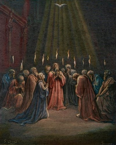 Pünkösd - Pünkösd (a Szentlélek eljövetele) - Pünkösd, a Szentlélek leszállása, Gustave Dore (1832-1883) metszet - későbbi színezés alkotó: Gustave Dore
