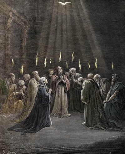 Pünkösd, a Szentlélek leszállása az apostolokra és Jézus Krisztus más követőire Gustave Dore (1832-1883) metszet a „” La Bible” magángyűjteményből alkotó: Gustave Dore