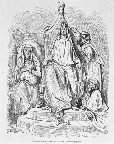 A félelem és családja megszemélyesítése, Doré alkotó: Gustave Dore
