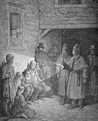 Rendőrök járőröznek a londoni Rookeryben, metszett Stephane Pannemaker (1847-1930) alkotó: Gustave Dore