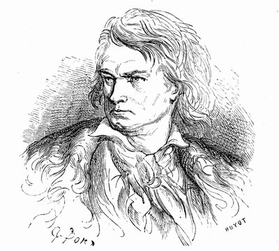 Gustave Dore Beethoven-portréja, 1855 körül, Hippolyte Taine szövegének illusztrálására: "- Mi az a Beethoven "Egy szegény nagy ember, süket, szerelmes, félreismert és filozófus, akinek zenéje tele van gigantikus vagy fájdalmas álmokkal." alkotó: Gustave Dore