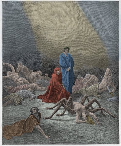 Purgatorio, 12. ének: Dante Arachne lelkét nézi, illusztráció Dante Alighieri "Isteni színjátékából", 1885 alkotó: Gustave Dore
