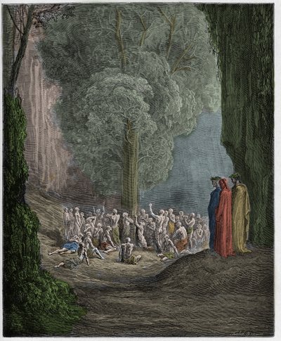 Purgatorio, 24. ének: A falánk lelkek kiáltoznak a fa alatt, illusztráció Dante Alighieri "Isteni színjátékából", 1885 alkotó: Gustave Dore