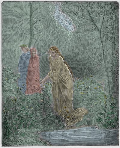 Purgatorio, 27. ének: Dante álma Leahról a réten, illusztráció Dante Alighieri "Isteni színjátékából", 1885 alkotó: Gustave Dore