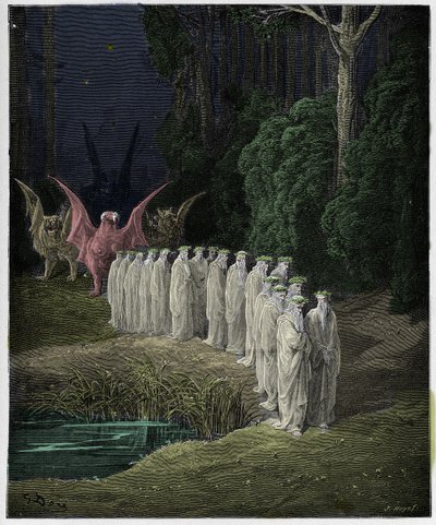 Purgatorio, 29. ének: A 24 vén az apokaliptikus körmenetben, illusztráció Dante Alighieri "Isteni színjátékából", 1885 alkotó: Gustave Dore