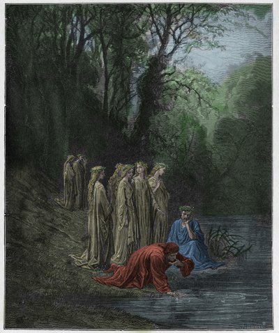 Purgatorio, 33. ének: Dante italai az Eunoe folyóból, illusztráció Dante Alighieri "Isteni színjátékából", 1885 alkotó: Gustave Dore