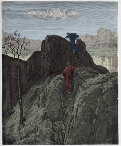 Purgatorio, 4. ének: Vergilius felvezeti Dantét a zord hegyoldalon, illusztráció Dante Alighieri "Isteni színjátékából", 1885 alkotó: Gustave Dore