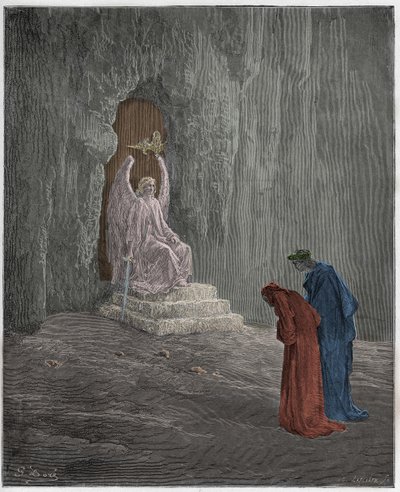 Purgatorio, 9. ének: Dante és Vergilius a Purgatórium kapuinál, illusztráció Dante Alighieri "Isteni színjátékából", 1885 alkotó: Gustave Dore
