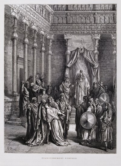 Eszter királynő elájul a király előtt, Illusztráció a Dore Bibliából. alkotó: Gustave Dore