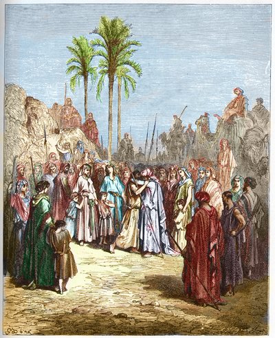 Megbékélés Jákob és Ézsau között - Jákob és Ézsau megbékélése Genese, XXXIII, 4 - - Metszet Gustave Dore (1832-1883) „Biblia illusztrációjából” - Metszet „A Dore Bibliából”” alkotó: Gustave Dore
