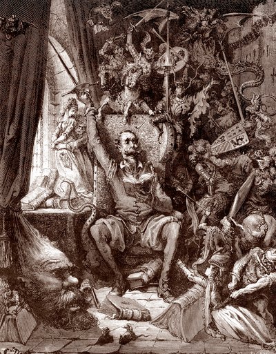 Don Quijote ábrázolása a könyvtárában, Gustave Dore (1832-1883) metszete a „L