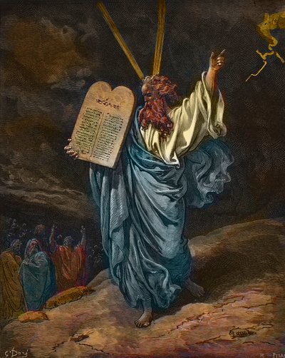 Mózes ábrázolása a törvény új tábláival a Sínai hegyen - Gustave Dore (1832-1883) metszet - későbbi színezés alkotó: Gustave Dore