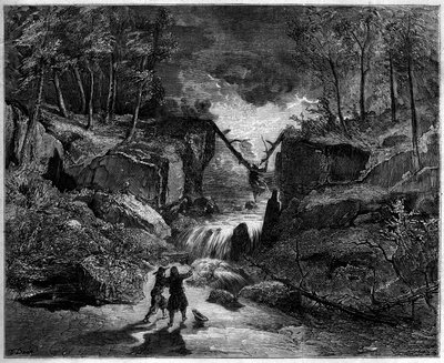 Operaábrázolás: az őrült sír a folyamban - Utolsó jelenet, a „Pardon de Ploermel” II. felvonása, 1859-es komikus opera Michel Carre (1819-1872) és Jules Barbier (1822-1901) librettóján, és Giacomo Meyerbeer (1791-1864) zenéje - Színház alkotó: Gustave Dore