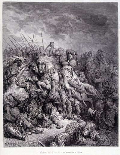 Richard Oroszlánszív az arsuri csatában – Gustave Doré metszet alkotó: Gustave Dore