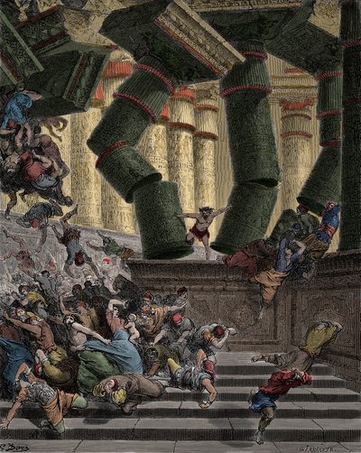 Sámson lerombolja a Dagon templomát, Gustave Dore metszete (1832-1883) alkotó: Gustave Dore