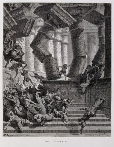 Sámson lerombolja Baál templomát, Illusztráció a Dore Bibliából alkotó: Gustave Dore