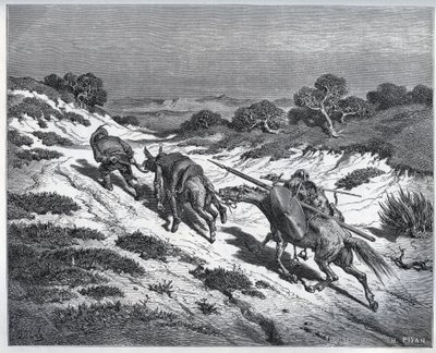 Sancho Panza, Don Quijote és lovasaik a Yangers elleni vereség után - Miguel Cervantes (1547-1616) "Don Quijote de la Mancha" című filmjéből (Don Quijote) - Fametszet Gustave Dore rajza alapján alkotó: Gustave Dore