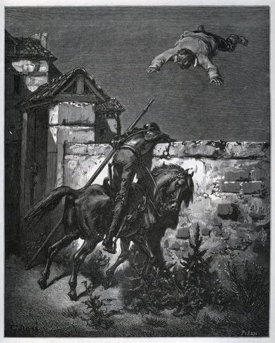Sancho Panzát becsapják, és Don Quijote nem tud beavatkozni – Miguel Cervantes (1547-1616) „Don Quijote de la Mancha” című filmjéből (Don Quijote) – Fametszet Gustave Dore rajza alapján alkotó: Gustave Dore