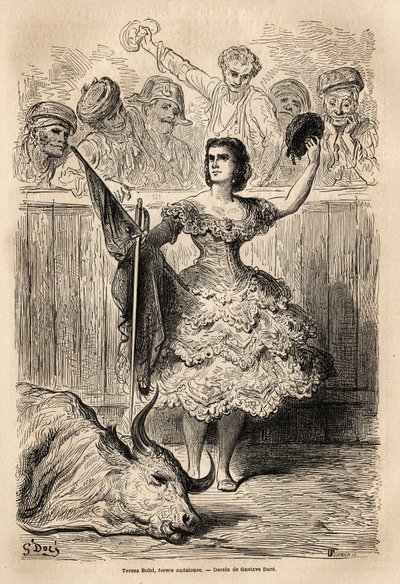 A bikaviadal színtere: Teresa Bolsi diadala, az andalúz torrera, köszönt az őt elismerő Sevillában. Gustave Dore (1832-1883) vázlatát élőben készítette. Metszet a spanyolországi utazás illusztrálására, 1862-ben Charles Davillier és G. alkotó: Gustave Dore