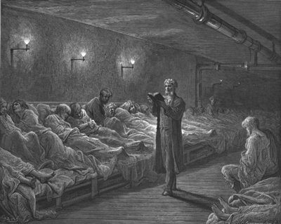 „Szentírás-olvasó éjszakai menedékben”, 1872. alkotó: Gustave Dore