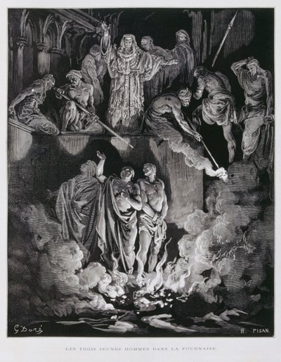 Sádrach, Meshach és Abednego a tüzes kemencében, illusztráció a Dore Bibliából. alkotó: Gustave Dore