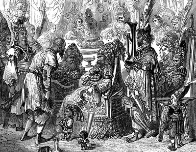 Szindbád a tengerész (Szindbád) - mese az ezeregy (1001) éjszakáról - Gustave Dore illusztrációja (részlet) - Maxwell kiadás 1865 - Prológus: egy szegény hordár (Hinbad) megjelenik Szindbád előtt, aki megöregedett és meggazdagodott. Ez utóbbi elmondja neki alkotó: Gustave Dore