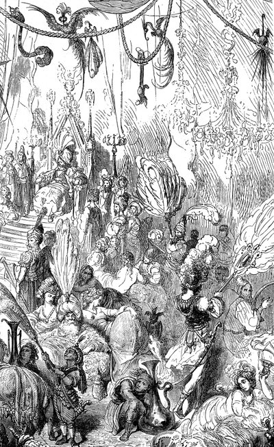 Szindbád a tengerész (Szindbád) - Az ezeregy (1001) éjszaka története - Gustave Dore illusztrációja - Maxwell kiadás 1865 - Hatodik utazás - ez a metszet ábrázolhatja a szerendíb király udvarát vagy Hárún al-Rasid kalifa (Harun al-Rashid) udvarát. alkotó: Gustave Dore