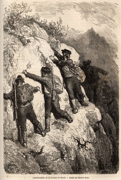 Csempészek a Serrania de Ronda-ból. Gustave Dore (1832-1883) rajza 1862-es spanyolországi utazásának illusztrálására Ch. Davillier. Gravírozás a „Le tour du monde”-ban, szerkesztette Edouard Charton alkotó: Gustave Dore