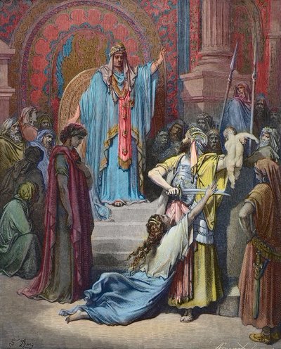Salamon ítélete – Salamon úgy dönt, hogy felosztja a babát a két felperes között – Gustave Dore (1832-1883) metszet – későbbi színezés alkotó: Gustave Dore