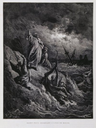 Szent Pál partraszállása Máltán, illusztráció a Dore Bibliából alkotó: Gustave Dore