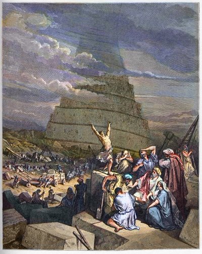 BÁBEL TORNYA – A Bábel tornya a Genezis és a nyelvi zavarok illusztrációja Yahvetól. A jobb oldalon Nimrud király (vagy Nimród, Nemród) megbeszélést folytat az építészekkel - Gustave Dore (1832-1883) „The Bible illustree” című metszetébe – Metszet „” Th. alkotó: Gustave Dore