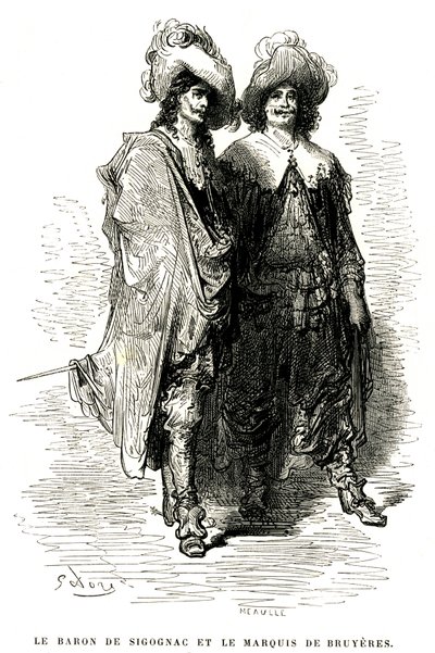 Sigognac báró és Bruyeres márki. Gustave Dore metszete Theophile Gautier "Le capitaine Fracasse" című regényének illusztrációjához, Charpentier kiadás 1863. alkotó: Gustave Dore