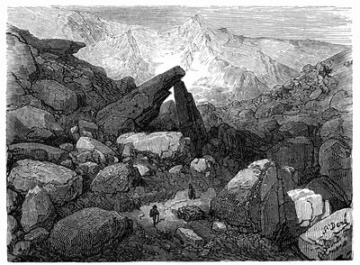 A Cirque de Gavarnie-hoz vezető Káosz-ösvény: Gustave Dore metszete, amely Hippolyte Taine "Hippolyte Taine utazása a Pireneusokba" című könyvét illusztrálja, Hachette 1860. alkotó: Gustave Dore