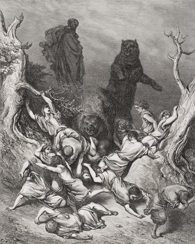 A medvék által elpusztított gyerekek, illusztráció Dore „The Holy Bible” című könyvéből, 1866 alkotó: Gustave Dore