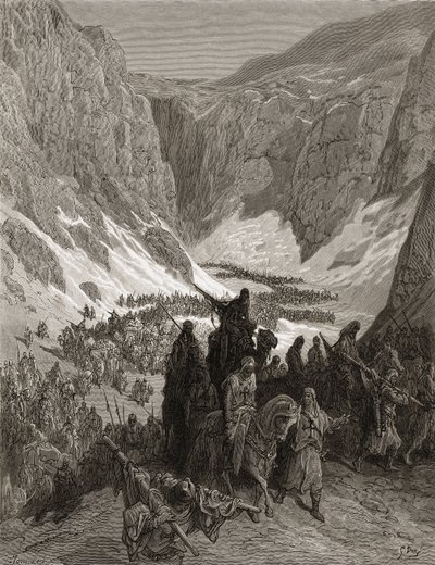 A keresztény hadsereg a júdeai hegyekben, illusztráció a „Bibliotheque des Croisades” című könyvéből, J-F. Michaud, 1877 (litó) alkotó: Gustave Dore