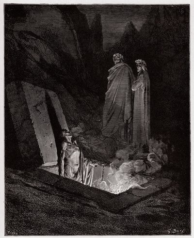Az isteni színjáték (La Divina Commedia, La Divine Comedie), Pokol, 10. ének: Farinata degli Uberti megszólítja Dantét - Dante Alighieri (1265-1321) - Illusztráció: Gustave Dore (1832-1883) alkotó: Gustave Dore